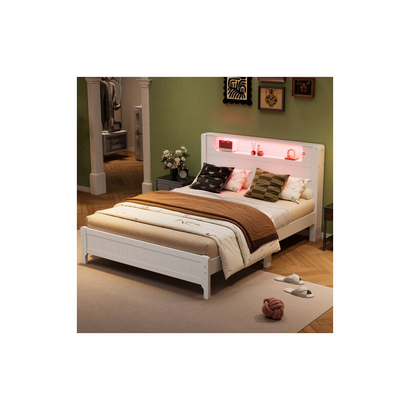 Wishdor - Lit double Lit adulte Lit ados 140 x 200 cm en pin avec bandes de lumière ambiante, étagère ouverte, blanc