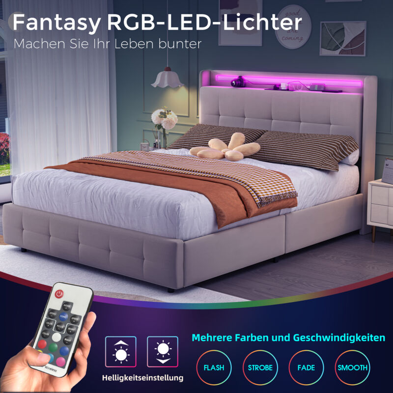 Hauss Spole - Lit double, lit adulte, usb, led, 2 tiroirs, lit gigogne, bois, velours, 140x200 cm, beige, sans matelas