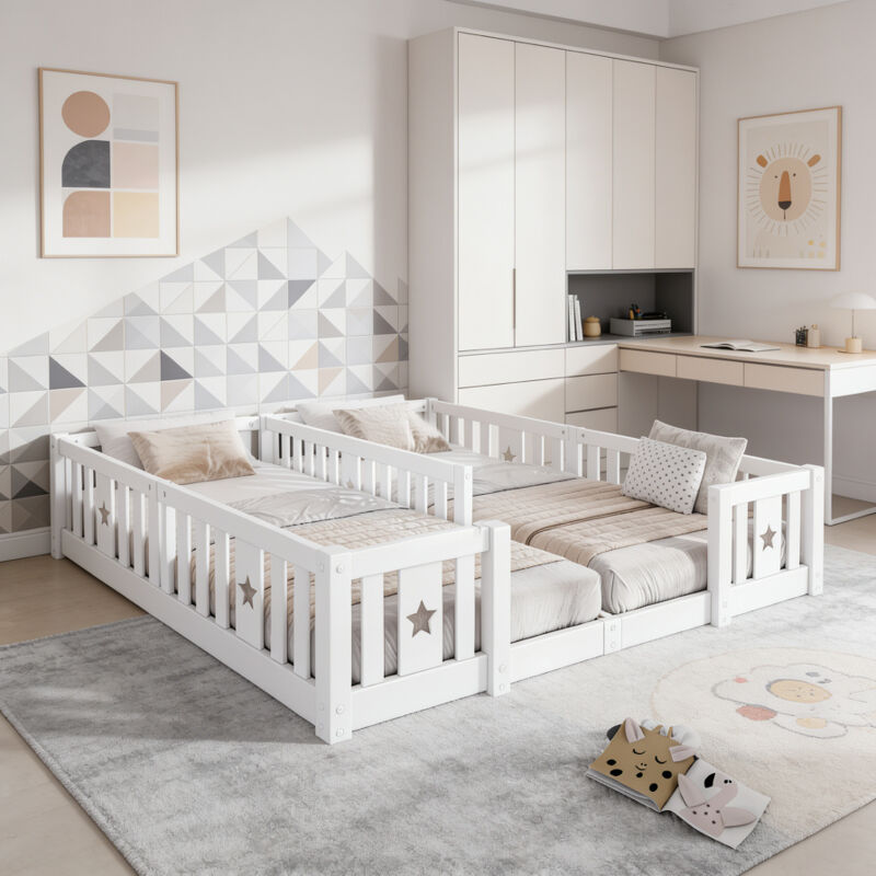 Lit double lit au sol 90x200cm, lit Montessori avec barrière