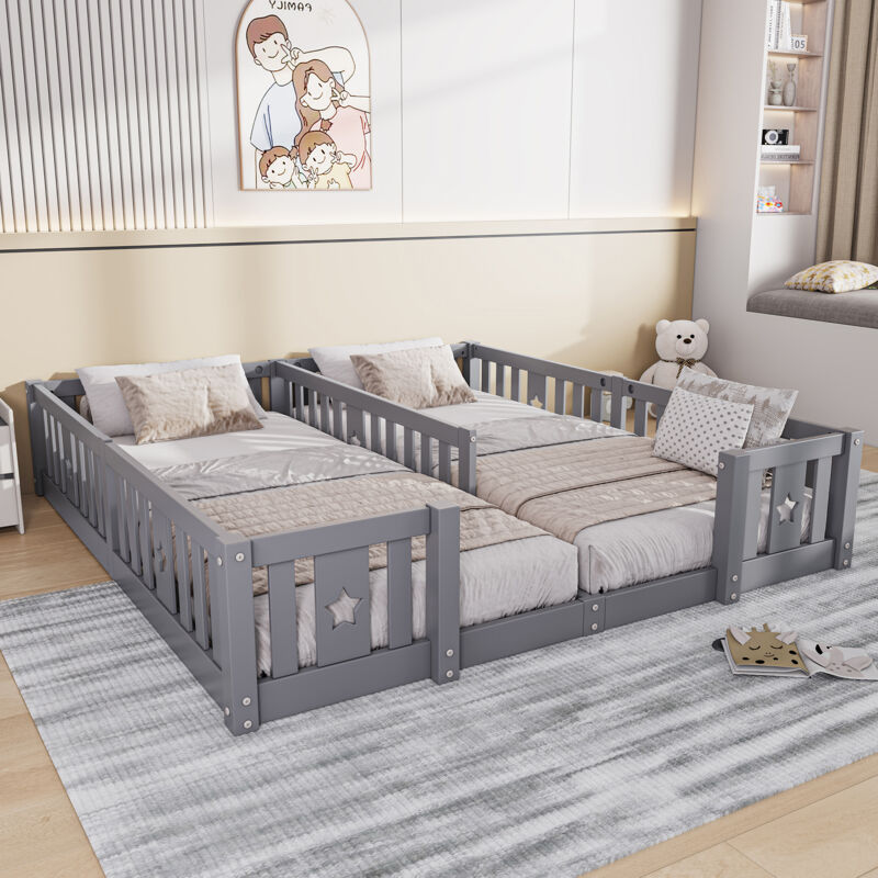 Lit double lit au sol 90x200cm, lit Montessori avec barrière