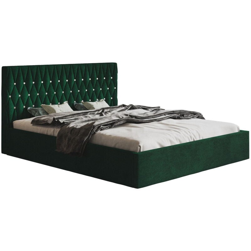 Lit double 140x200 Crystal avec coffre de lit - chambre à coucher, tissu velours - Vert (Kronos 19)