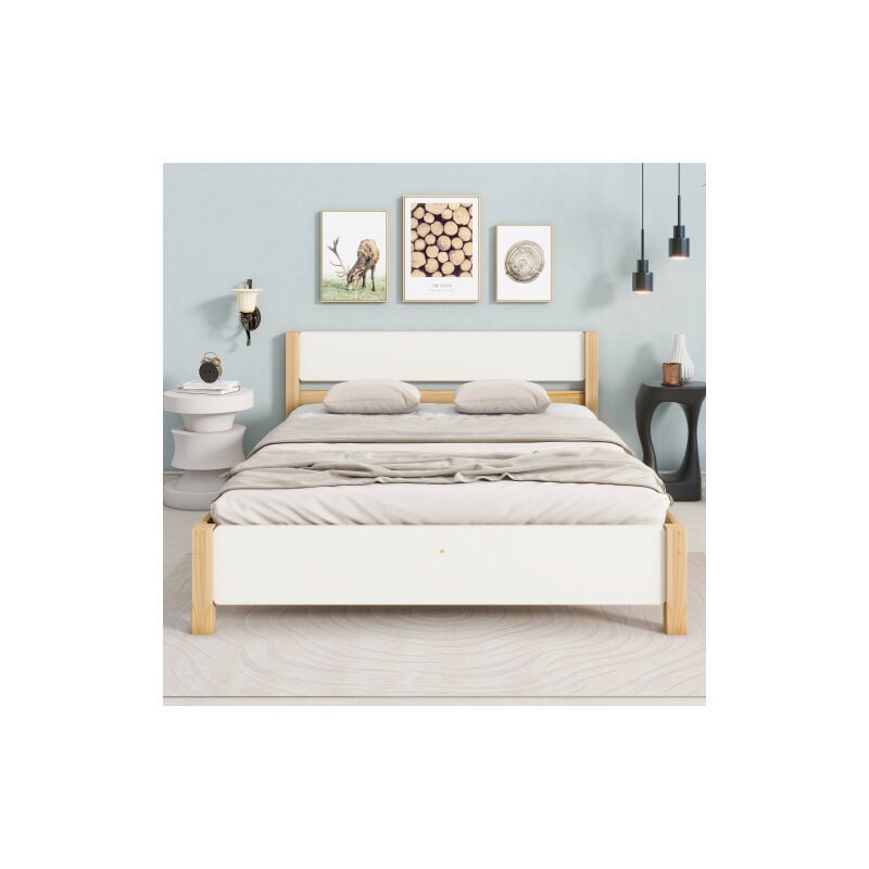 Lit double, lit en bois, cadre en pin avec pied moyen, lit Junior, lit adulte avec tête de lit MDF et repose - pieds, bebe naturel blanc, 140x200 cm