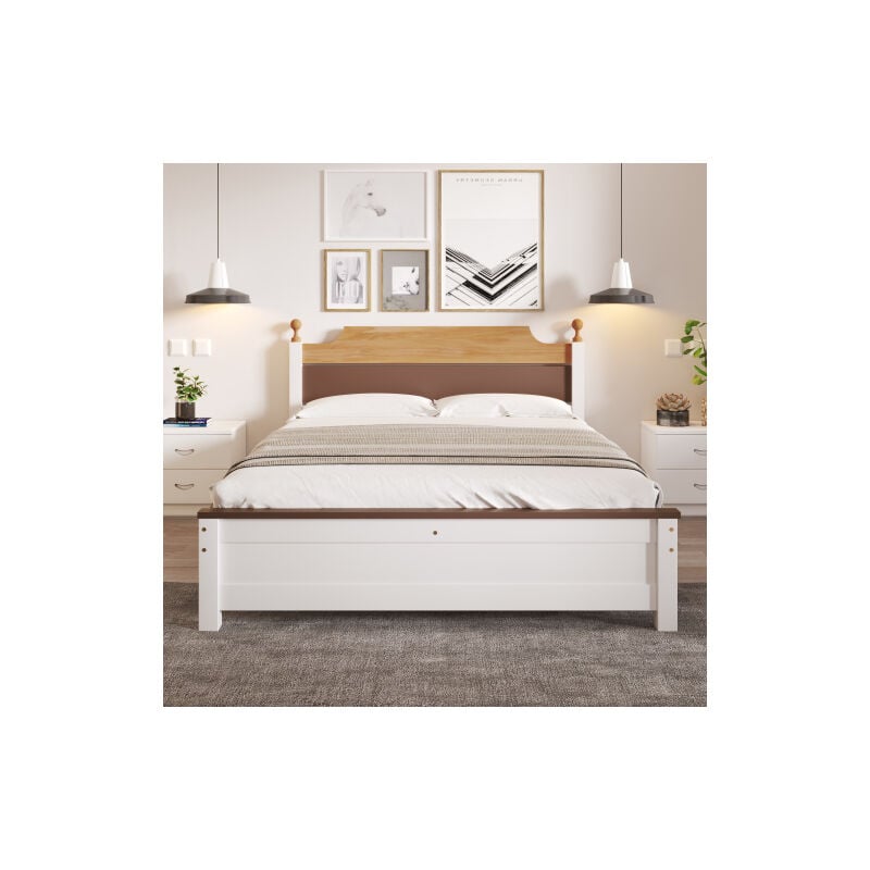 Lit double, lit en bois, cadre en pin avec pied moyen, lit Junior, lit adulte avec tête de lit MDF et repose - pieds, couleur collage, blanc, 140x200