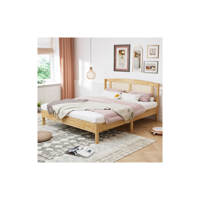 Lit double, lit en rotin, lit Junior lit adulte 160x200cm, tapis en rotin, 15 pieds moyens, bois de pin