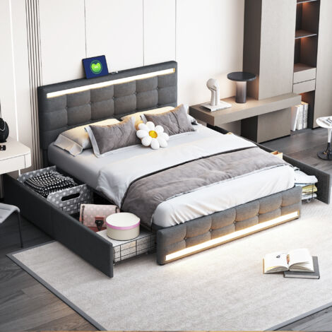 Lit double lit rangement LED 140x200 gris OKMYHOME