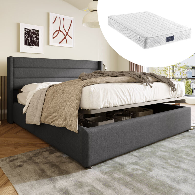Lit coffre capitonné, lit adulte double hydraulique, sommier à lattes en bois, métal+lin, 160x200 cm, gris, matelas inclus