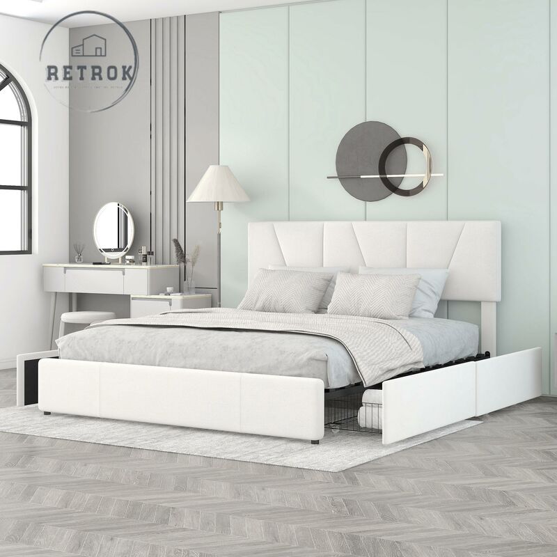 Lit Double Rembourré King Size avec Tiroirs et Tête de Lit Réglable - Blanc (160200cm)