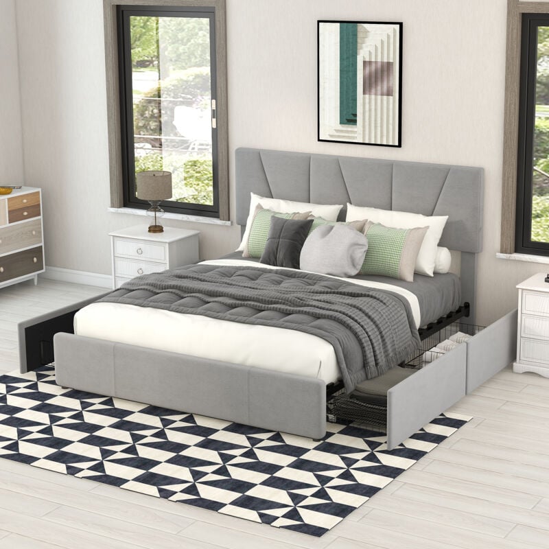 Lit double rembourré 140x200 cm lit adulte avec quatre tiroirs et tête de lit réglable, tissu en velours, gris