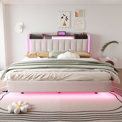 Lit double-lumineux LED-ports USB intégrés-tête de lit avec rangement-effet flottant-tissu lin beige-167x222,5x111cm-Sans Matelas