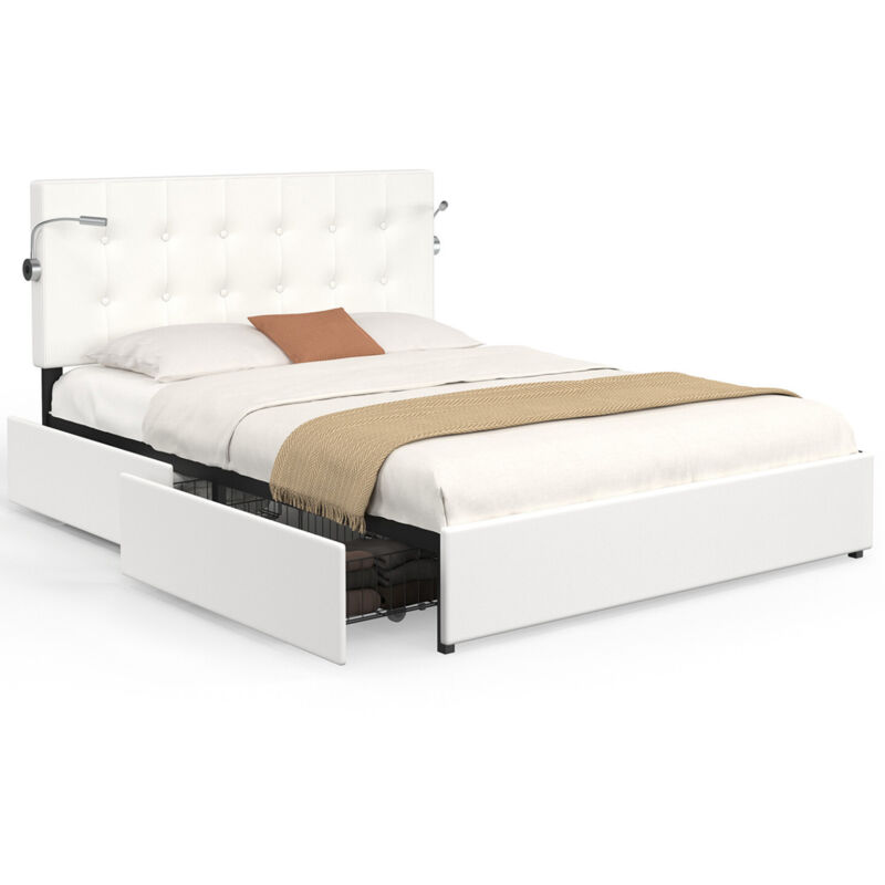 Idmarket - Lit double mael 140 x 190 cm avec tête de lit capitonnée pvc blanc liseuses intégrées et sommier et 2 tiroirs sur roulettes
