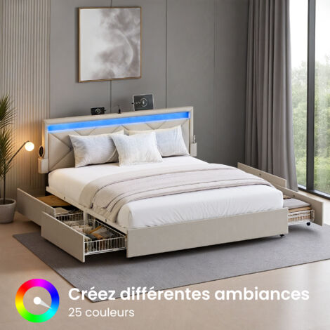 Lit Double Métal, LED, 4 Tiroirs, Tête de Lit Rembourrée Ajustable, Multiprise, Chambre, 140 x 190 cm, Beige