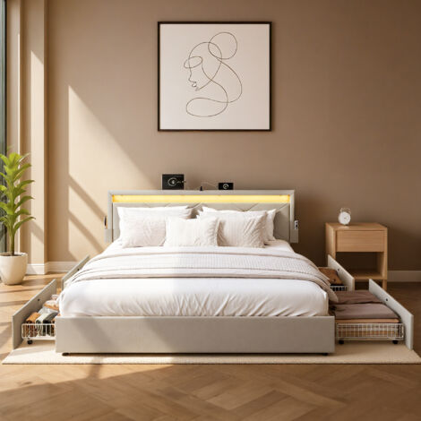 Lit Double Métal, LED, 4 Tiroirs, Tête de Lit Rembourrée Ajustable, Multiprise, Chambre, 160 x 200 cm, Beige