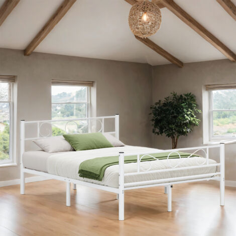 Lit Double Métallique 140 x 190 cm, Sommier inclus, Cadre Robuste, pour Chambre Ado ou Invités, Montage Facile, Blanc