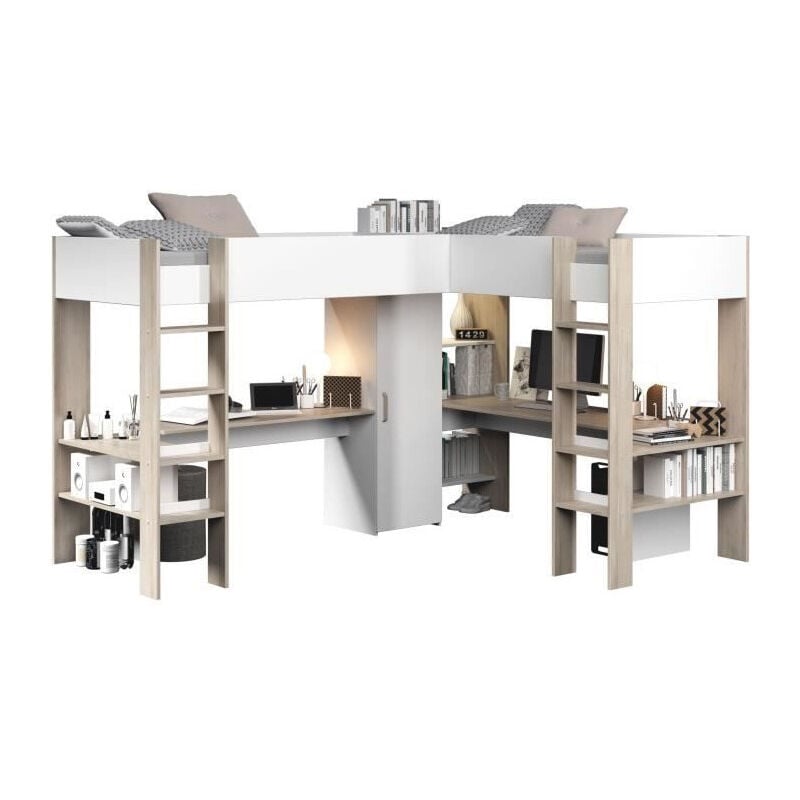 Parisot - Lit double mezzanine combiné enfant alexandra avec 2 bureaux et rangements - 2x90x200 cm - Blanc/Chene - Sommiers inclus - pari