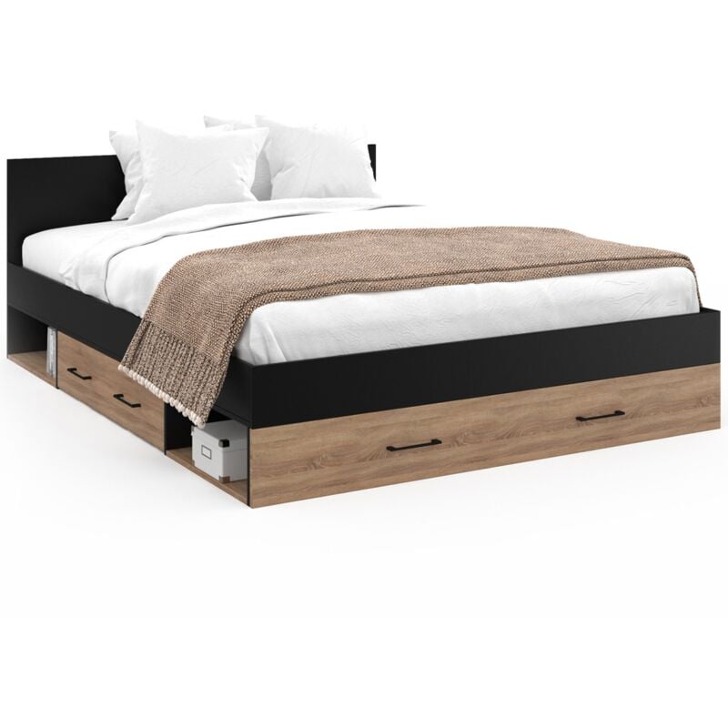 Lit double minea avec tiroirs + niches de rangement + tête de lit et sommier 140 x 190 cm façon hêtre et noir
