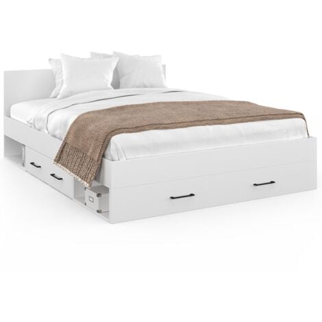 IDMARKET Lit double MINEA avec tiroirs + niches de rangement + tête de lit et sommier 140 x 190 cm blanc