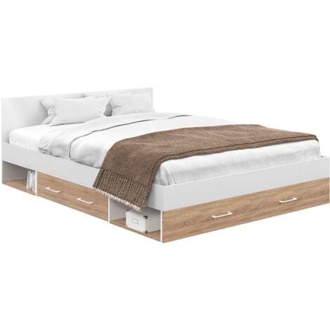 IDMARKET Lit double MINEA avec tiroirs + niches de rangement + tête de lit et sommier 140 x 190 cm façon hêtre et blanc