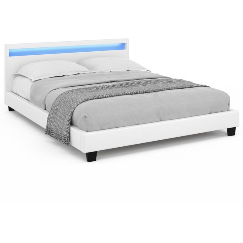 Lit double neo avec tête de lit led intégrées et sommier 160 x 200 cm pvc blanc