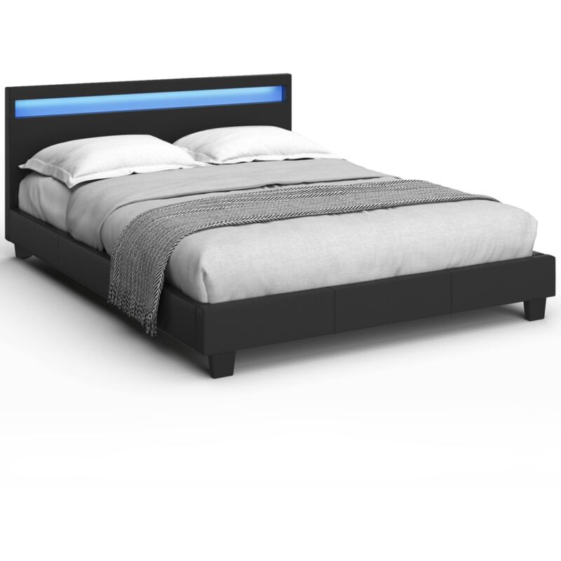 Lit double neo avec tête de lit led intégrées et sommier 140 x 190 cm pvc noir