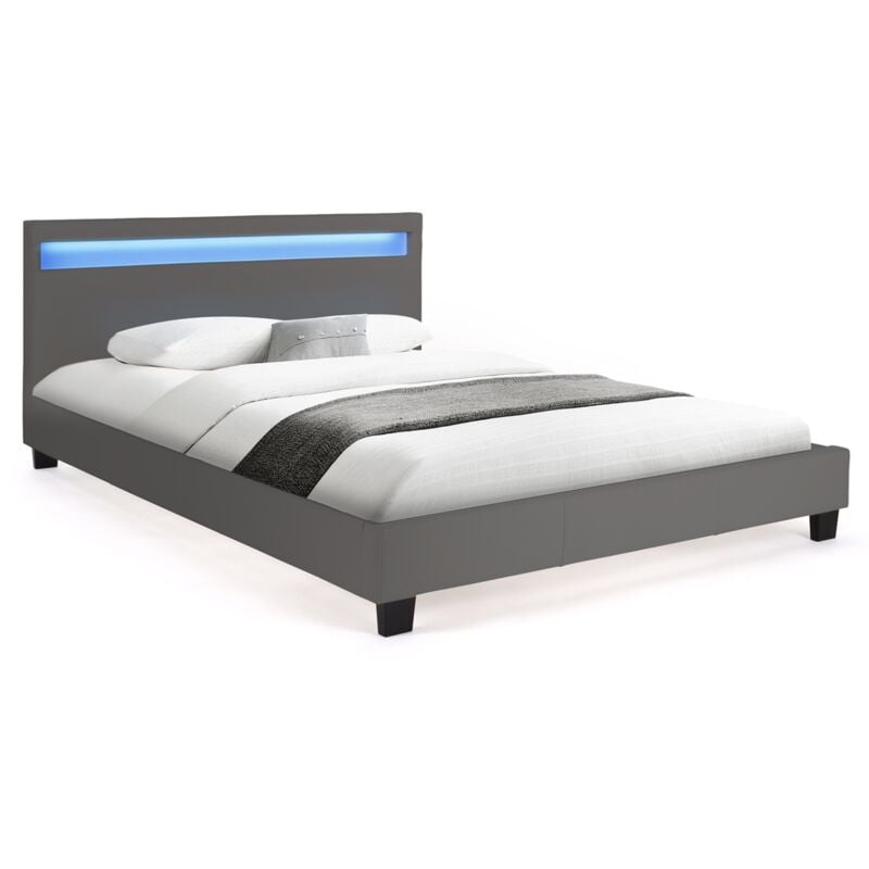 Lit double neo avec tête de lit led intégrées et sommier 140 x 190 cm pvc gris