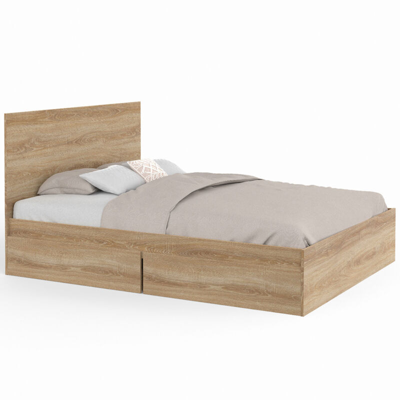 Lit double omaha 4 tiroirs sur roulettes avec tête de lit et sommier 140 x 190 cm façon hêtre