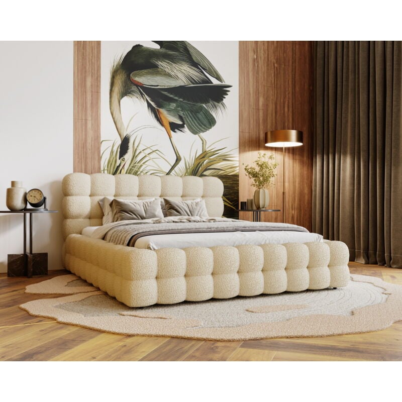 Emporius - Lit double 200x200 Parlas Bis - Lit avec tissu bouclé - Lit design avec Rangement (Beige - Anthology 3)