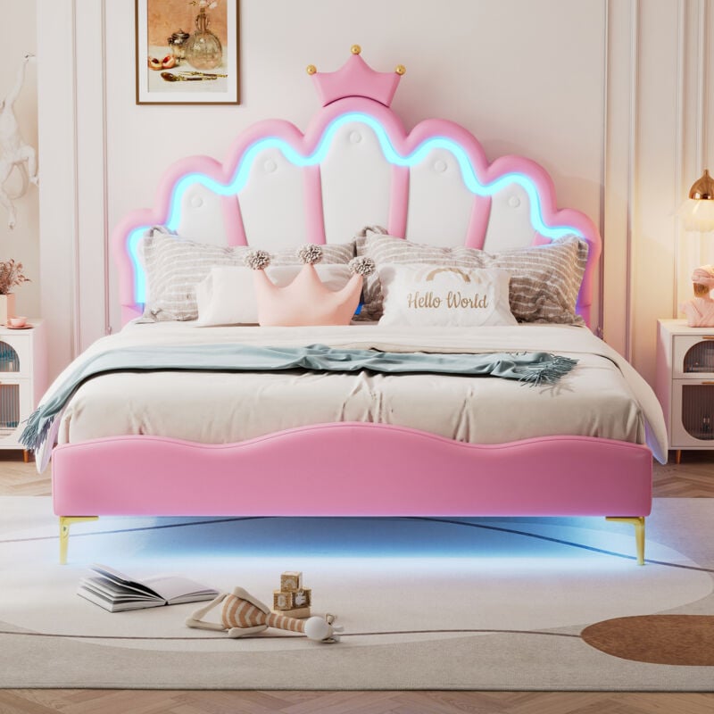 Redom - Lit double plat 140x200cm, lit princesse en forme de couronne, rembourrage en cuir pu souple, bande de lumière ambiante led réglable, rose