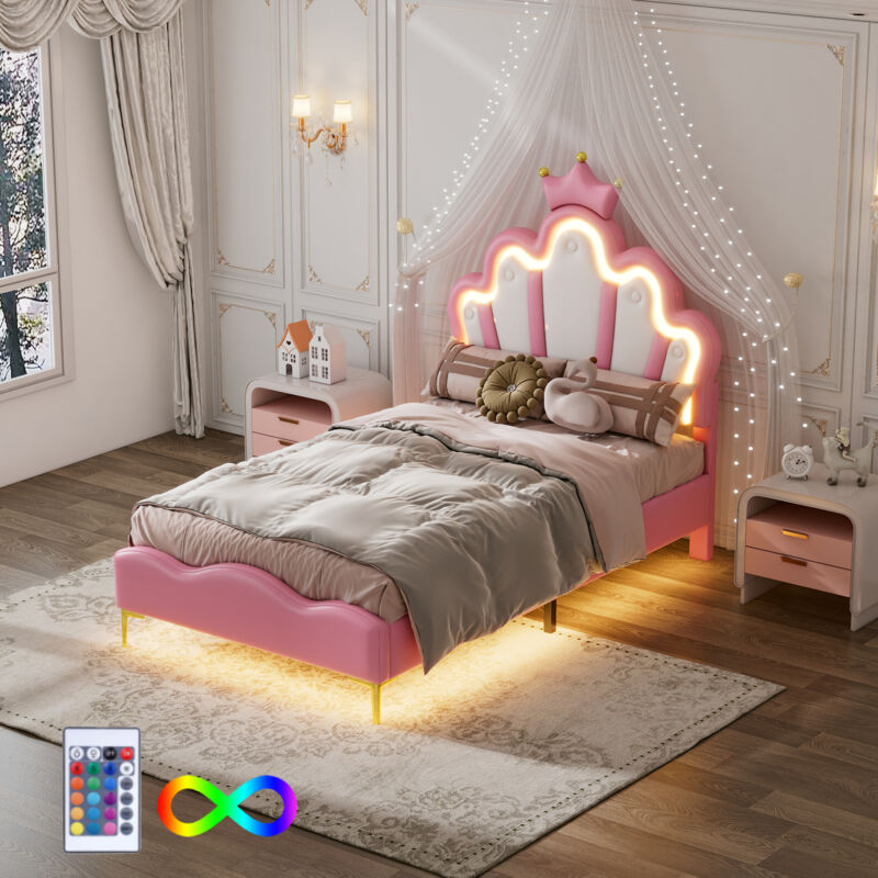Okwish - Lit double plat 90x200cm, lit princesse en forme de couronne, rembourrage en cuir pu souple, bande de lumière ambiante led réglable, rose