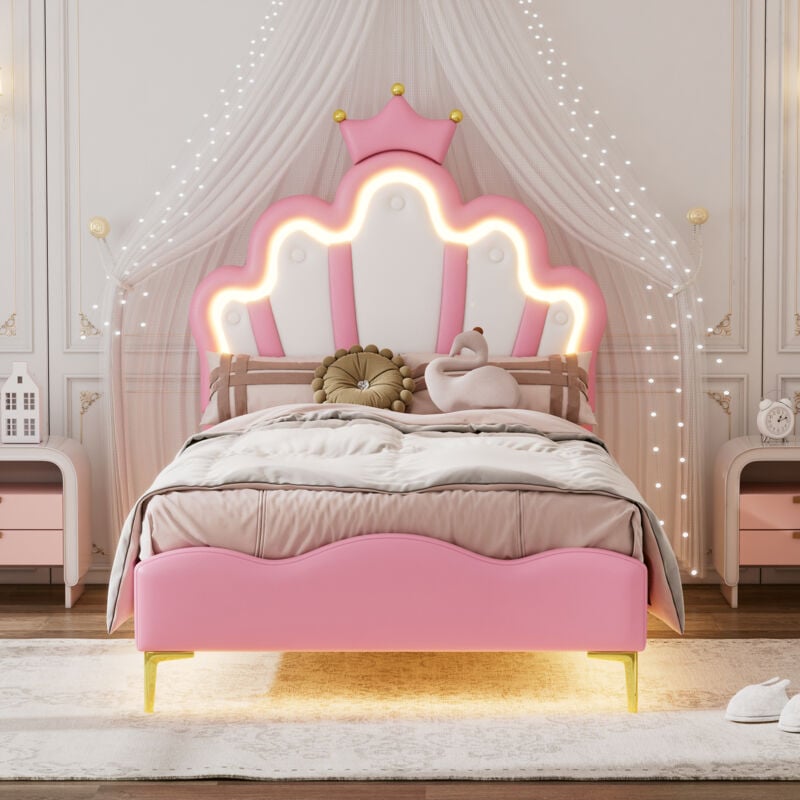 Redom - Lit double plat 90x200cm, lit princesse en forme de couronne, rembourrage en cuir pu souple, bande de lumière ambiante led réglable, rose