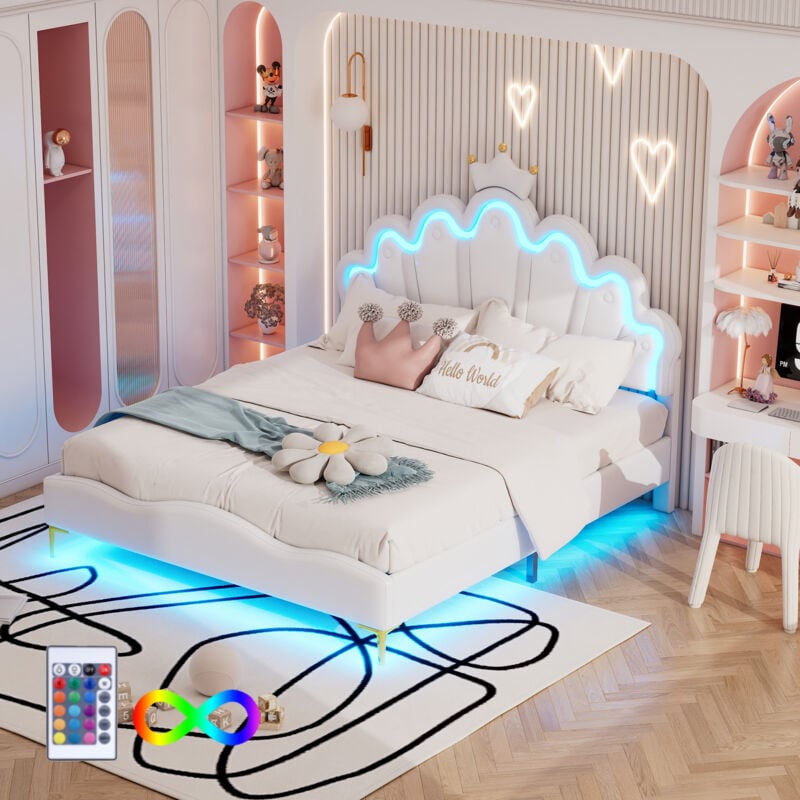 Wishdor - Lit double Lit adulte 140 x 200 cm avec bande lumineuse led, en cuir pu, blanc