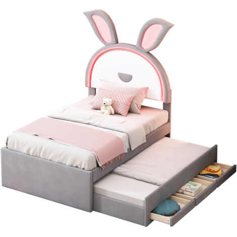 Lit double plateforme avec système escamotable et 3 tiroirs de rangement, cadre de lit rembourré pour enfants, tête de lit en forme d'oreilles de lapin, éclairage LED intégré, conception peu encombran