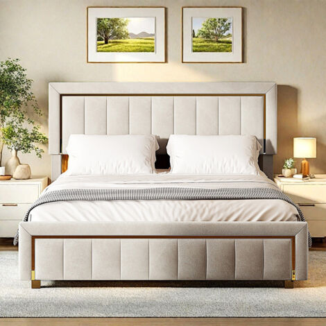 Lit double pour adulte de 160 x 200–Lit coffre capitonné 160 x 200–Velour Beige–Sommier à lattes–Décor à rayures verticales et bordures dorées–Moderne
