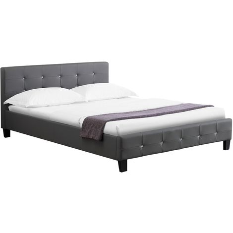 IDIMEX Lit double JOSY, 140 x 190 cm, capitonné avec sommier, revêtement synthétique gris