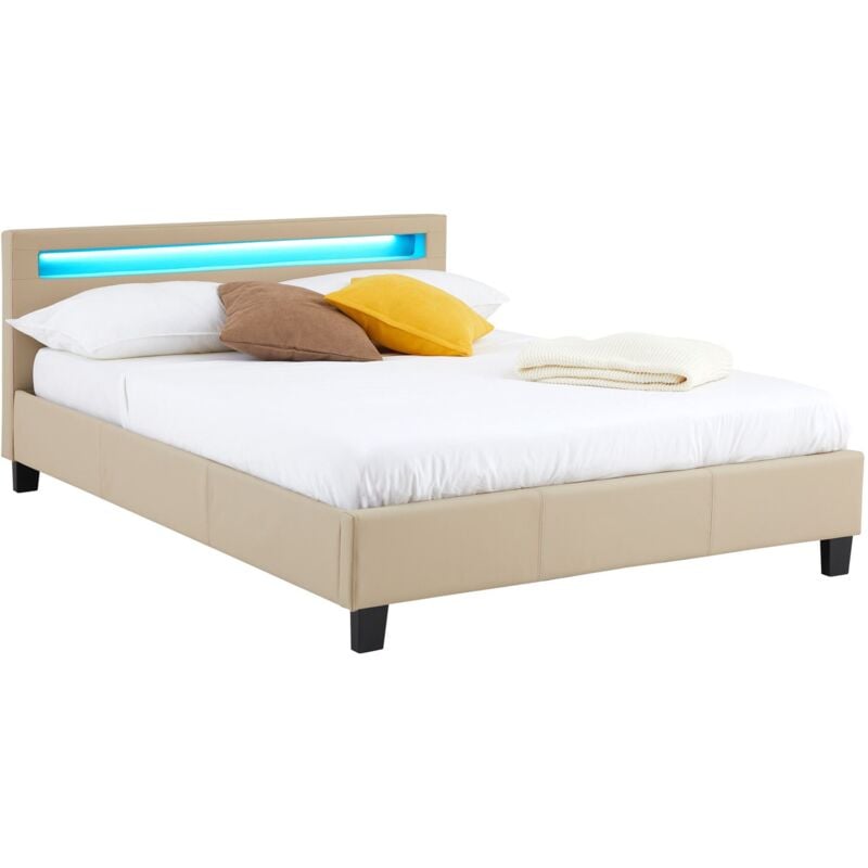 Idimex - Lit led double pinot 140x190 cm, avec sommier, revêtement synthétique beige