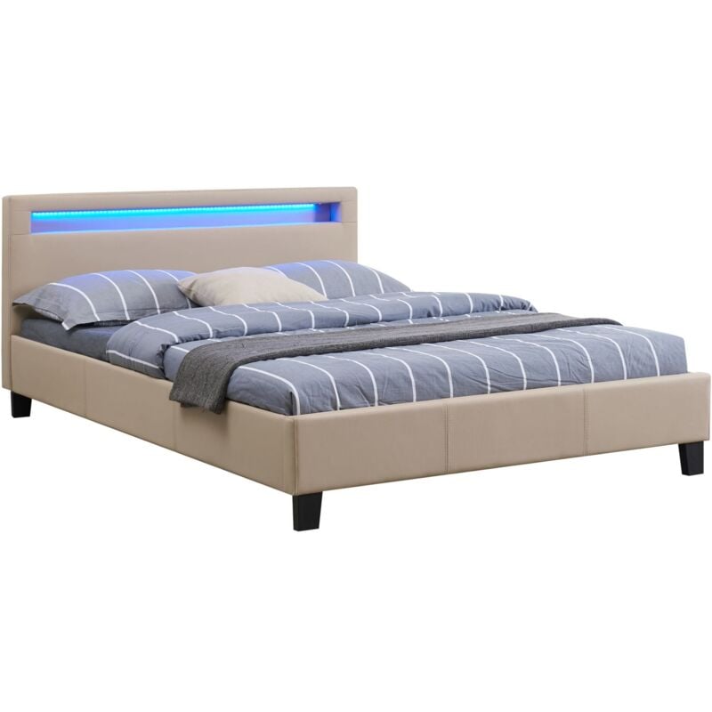 Idimex - Lit led double rioja 140x190 cm, avec sommier, revêtement tissu beige