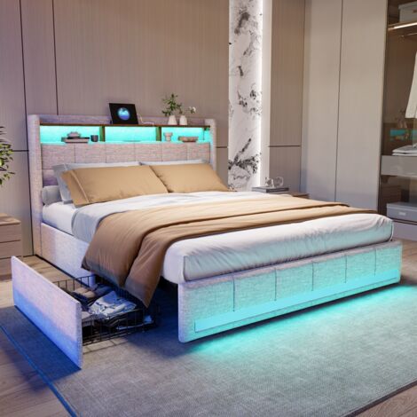 Lit Double pour Adultes, Lit coffre capitonné140x200, Lit rembourré 2 Personnes, tête de lit coffre en coton, avec LED et USB, avec 4 tiroirs, lin, beige