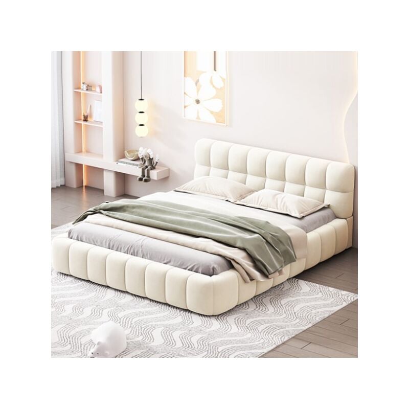 Eifson - Lit 140x190 cm, avec dossier moelleux et cadre rembourré, sommier à lattes, lin, convient aux adultes et adolescents - Beige