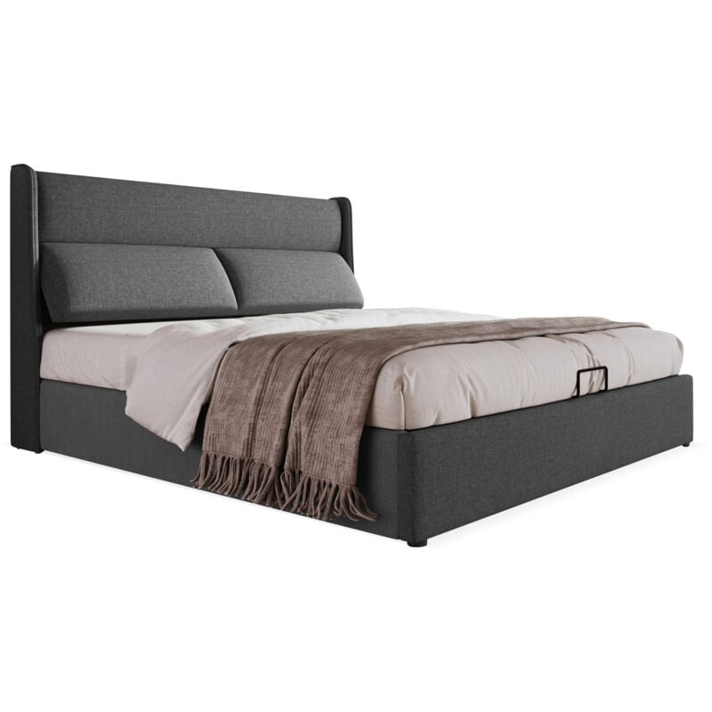 Gutent - Lit double rembourré 140 x 200, cadre en lin, 140x200, gris