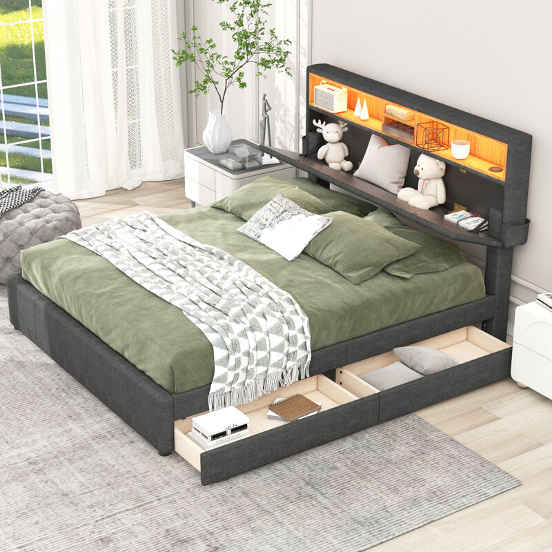 Lit 140 x 200 cm avec 2 tiroirs, lit adulte led, lit double capitonné avec tête de lit de rangement avec chargement usb, gris