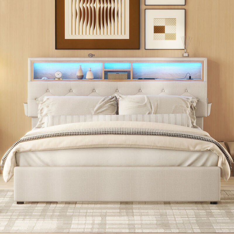 Lit 140 x 200 cm avec 4 tiroirs, lit adulte led, lit capitonné beige avec tête de lit de rangement avec chargement usb