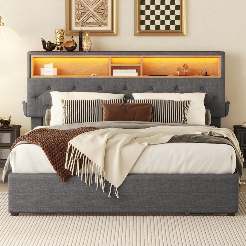 Lit 140 x 200 cm avec 4 tiroirs, lit adulte led, lit double capitonné avec tête de lit de rangement avec chargement usb, gris