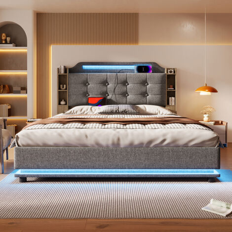 Lit double rembourré 140 x 200 cm, avec bande LED, rangement hydraulique, compartiments de rangement, ports USB + Type-C, tissu en lin, gris