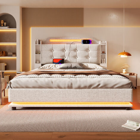 Lit double rembourré 140 x 200 cm, avec bande LED, rangement hydraulique, ports USB + Type-C, tissu en lin,beige.