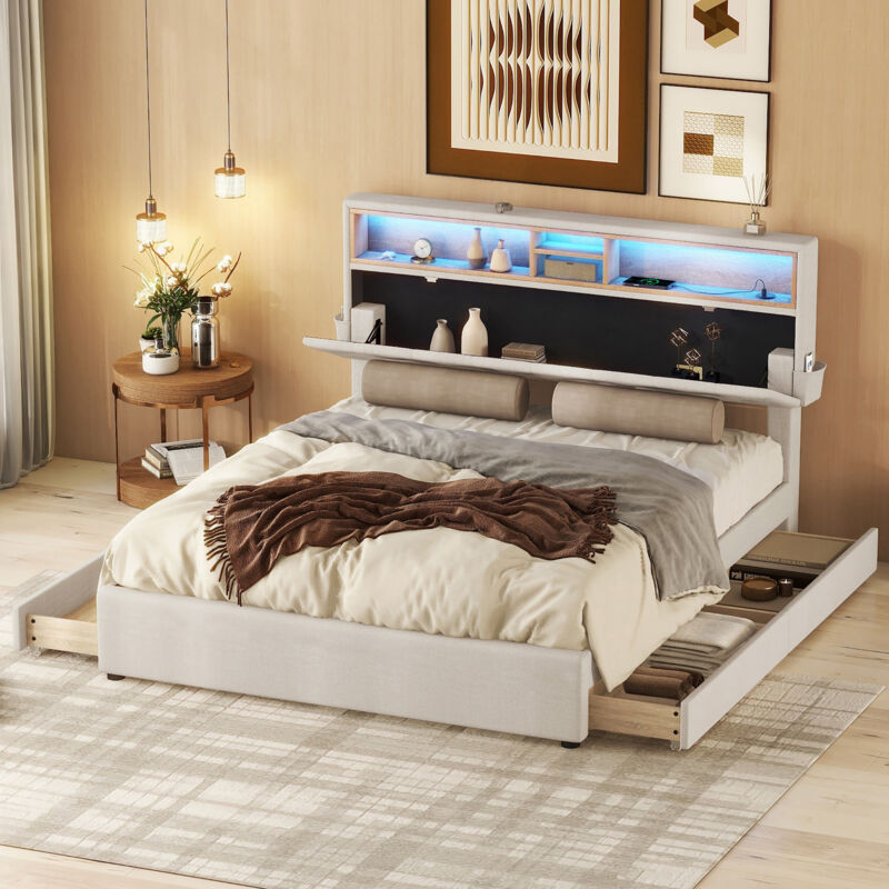 Lit adulte, lit double, usb, led, tête de lit avec rangement, Lin - 4 tiroirs, 140x200cm,Tête de lit réglable, beige, sans matelas