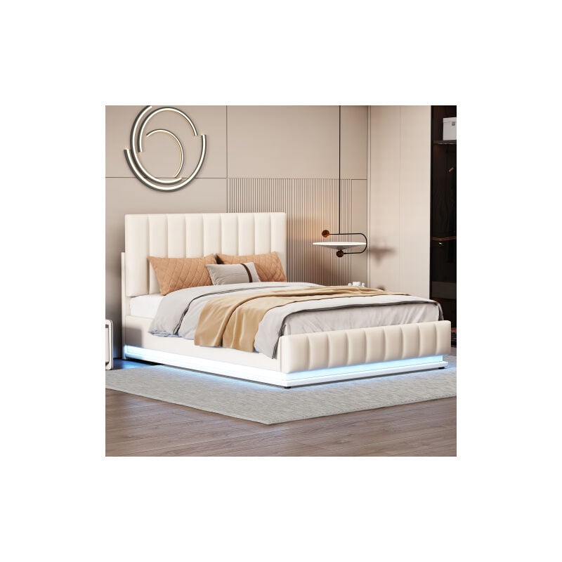 Lit double rembourré 140 x 200 cm avec led, sommier à lattes et coffre de lit hydraulique, avec tête de lit rembourrée réglable en hauteur, beige
