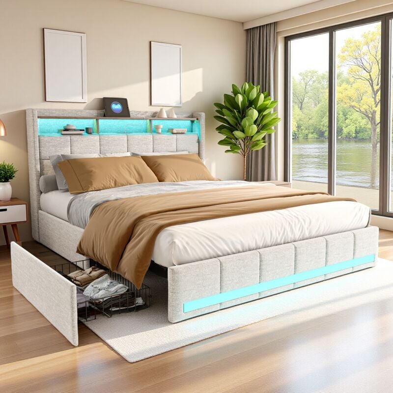 Lit 160x200 cm, avec quatre tiroirs, éclairage led réglable, 2 usb et 1 fonction de charge tpcy-c, lin, convient aux adultes et aux adolescents