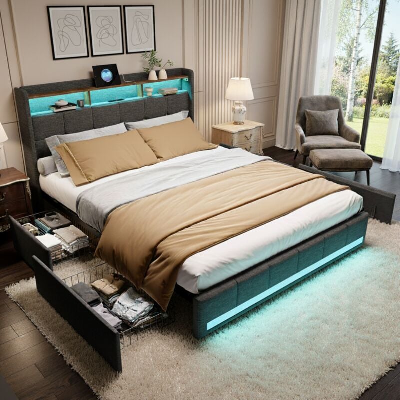 Lit 140x200 cm, avec quatre tiroirs, éclairage LED réglable, 2 USB et 1 fonction de charge tpcy-c, lin, convient aux adultes et aux adolescents - Gris