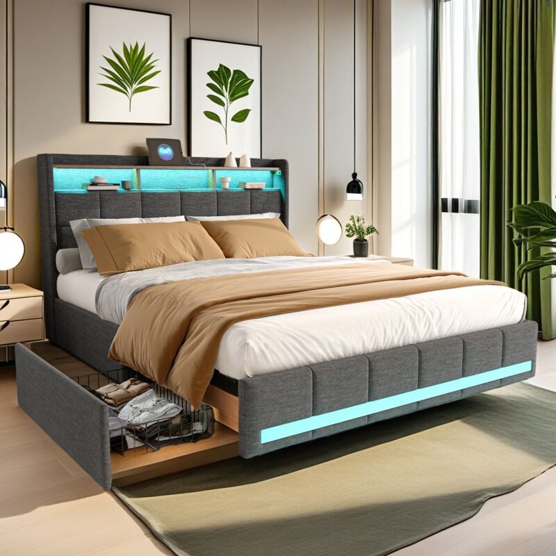 Lit 160x200 cm, avec quatre tiroirs, éclairage led réglable, 2 usb et 1 fonction de charge tpcy-c, lin, convient aux adultes et aux adolescents - Gris