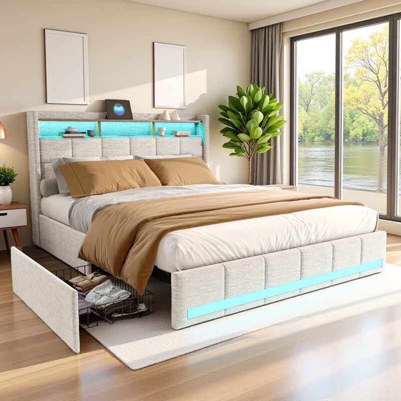 Eifson - Lit 160x200 cm, avec quatre tiroirs, éclairage led réglable, 2 usb et 1 fonction de charge tpcy-c, lin, convient aux adultes et aux
