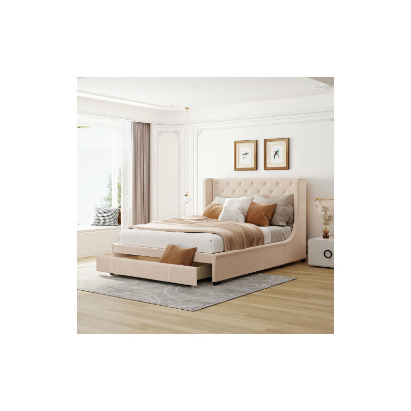 Liberté - Lit double rembourré 140 x 200 cm, avec sommier à lattes, dossier et grands tiroirs, pour adulte et jeune en tissu Pro-Linen, beige